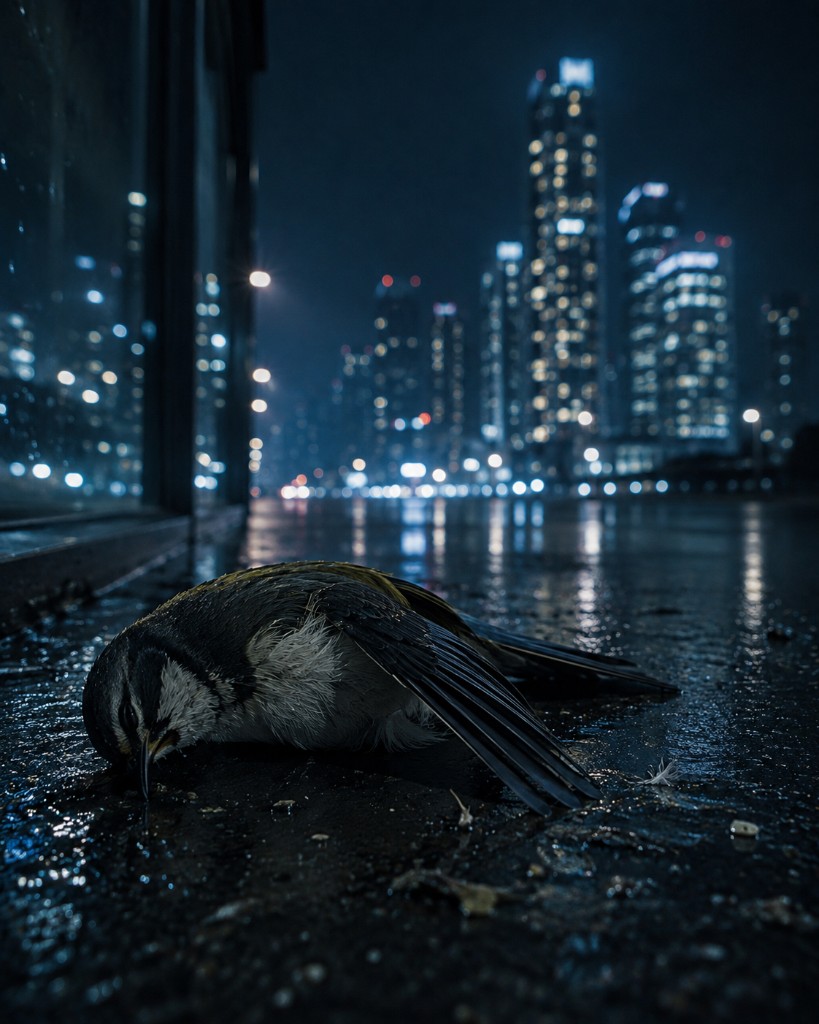 Bird at night against a lit city skyline