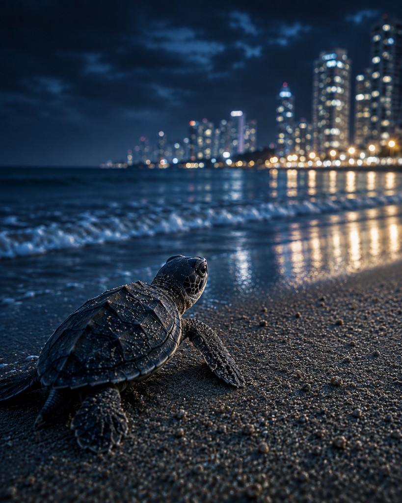 Sea turtle hatchling near a lit coastline